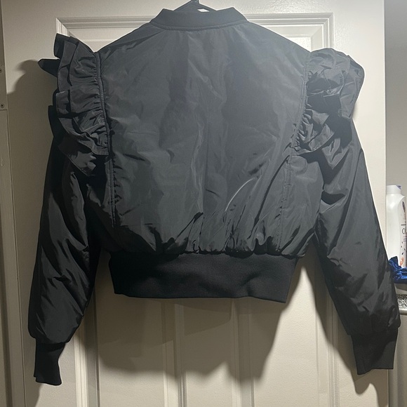 Black Ruffle-Shoulder Bomber Jacket - Picture 4 of 5